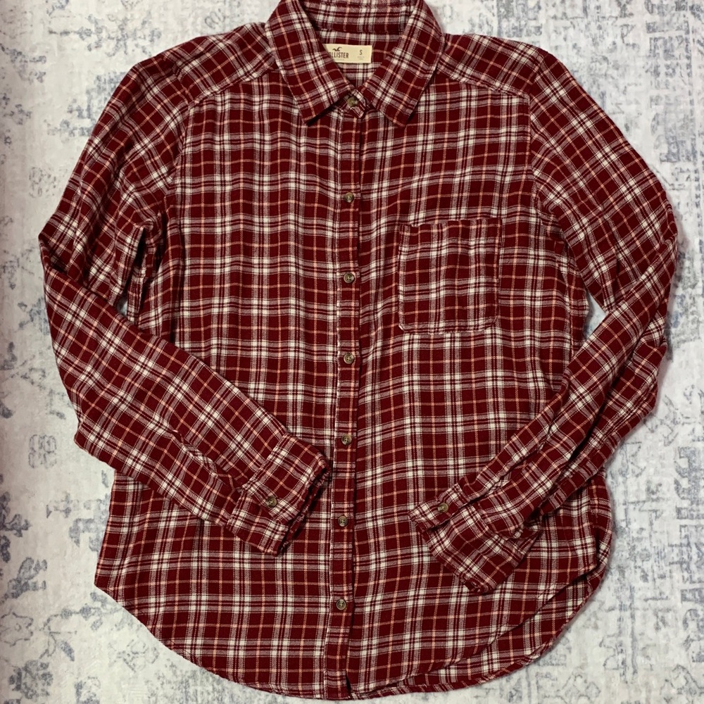 Hollister Maroon and White Checkered Plaid Shirt S
